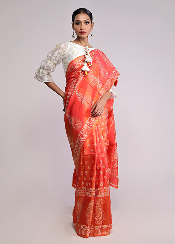Orange Printed Silk Saree Without Blouse Piece