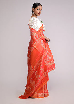Orange Printed Silk Saree Without Blouse Piece
