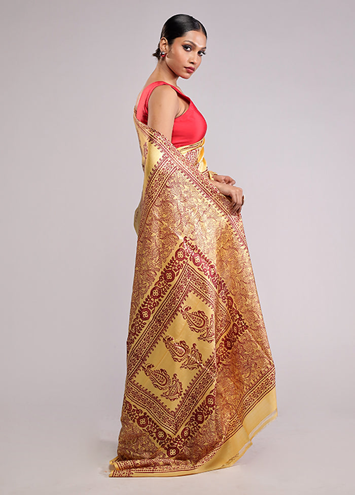 Yellow Printed Silk Saree Without Blouse Piece