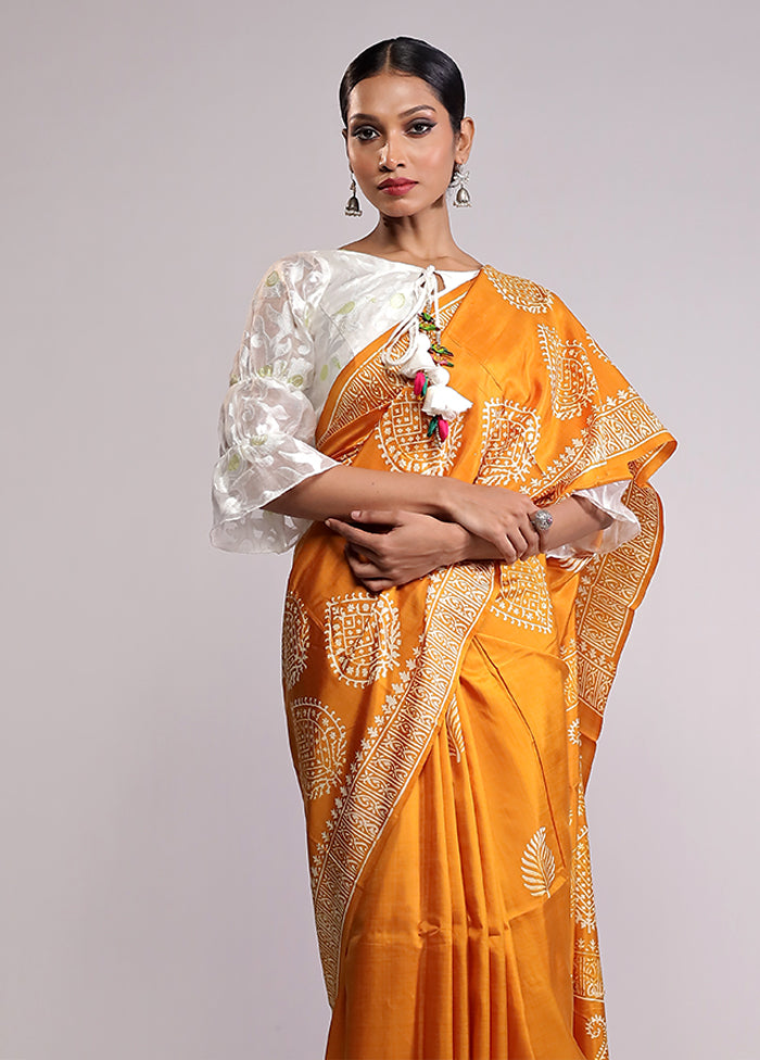 Yellow Printed Silk Saree Without Blouse Piece