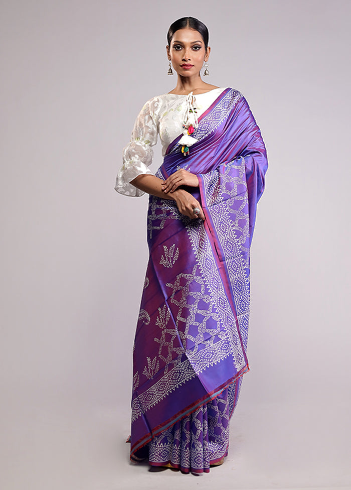 Purple Printed Silk Saree Without Blouse Piece