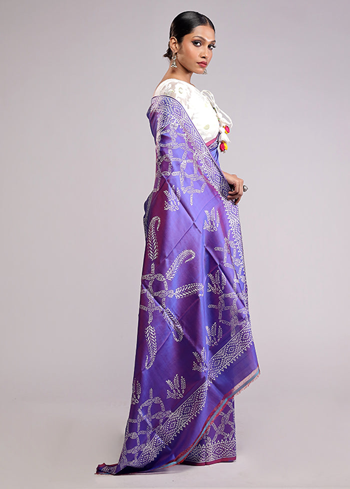 Purple Printed Silk Saree Without Blouse Piece