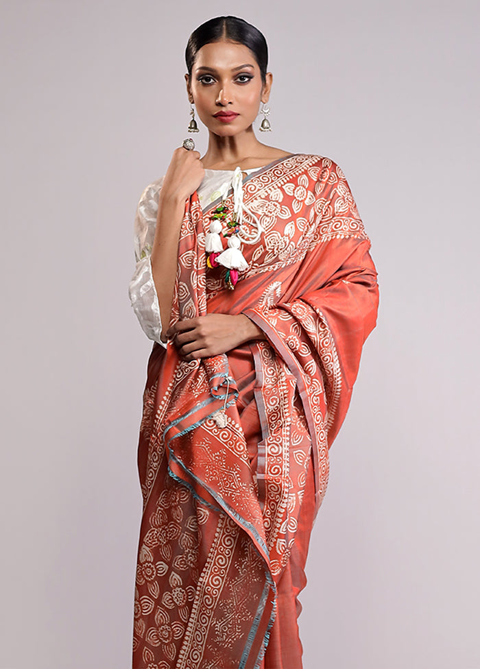 Orange Printed Silk Saree With Blouse Piece