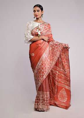Orange Printed Silk Saree With Blouse Piece