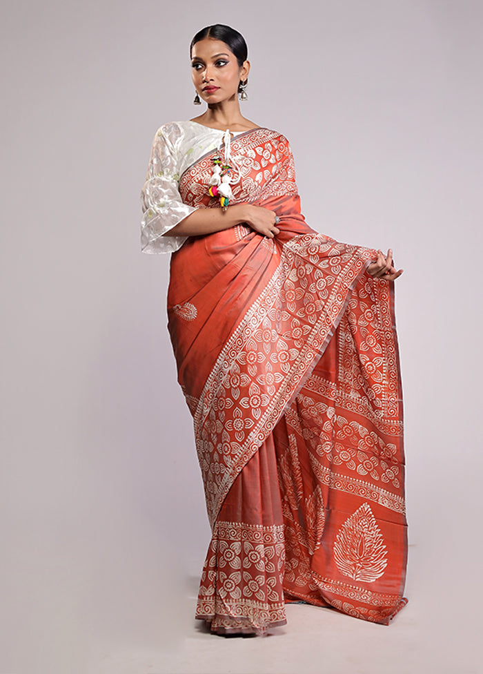 Orange Printed Silk Saree With Blouse Piece