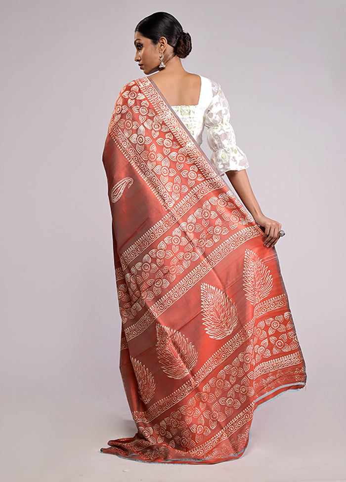 Orange Printed Silk Saree With Blouse Piece