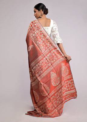 Orange Printed Silk Saree With Blouse Piece