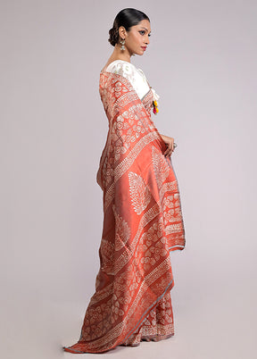 Orange Printed Silk Saree With Blouse Piece
