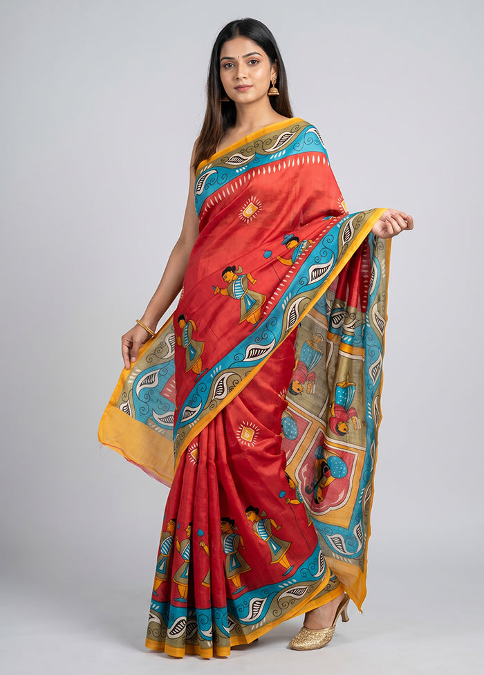 Red Printed Silk Saree Without Blouse Piece