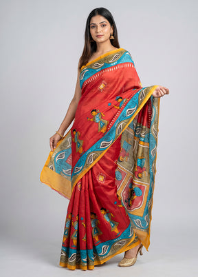 Red Printed Silk Saree Without Blouse Piece