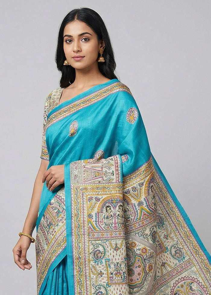 Blue Printed Pure Silk Saree Without Blouse Piece