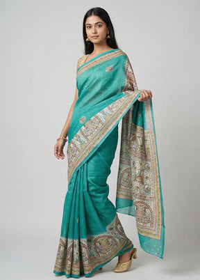 Green Printed Silk Saree Without Blouse Piece
