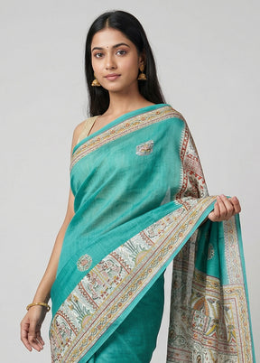 Green Printed Silk Saree Without Blouse Piece