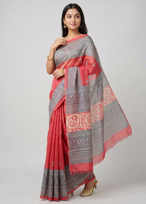 Pink Printed Silk Saree Without Blouse Piece