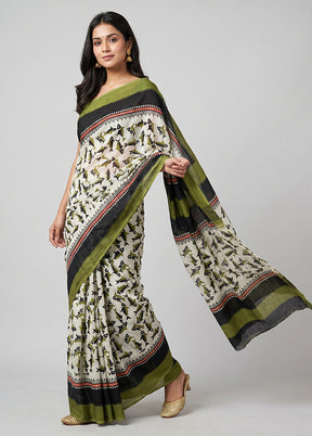White Printed Silk Saree Without Blouse Piece