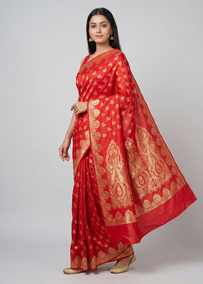 Red Banarasi Silk Saree With Blouse Piece