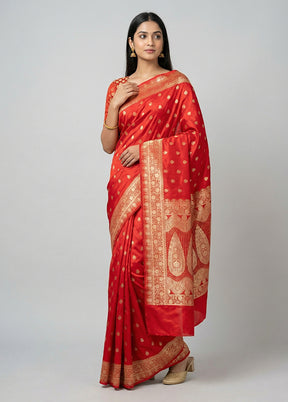 Red Banarasi Silk Saree With Blouse Piece