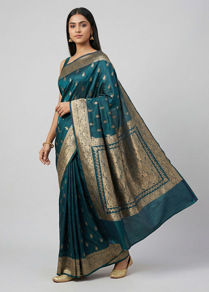 Blue Banarasi Silk Saree With Blouse Piece