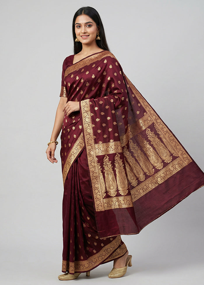 Maroon Banarasi Silk Saree With Blouse Piece