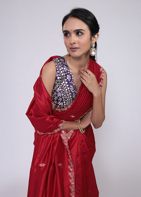 Red Handloom Tussar Pure Silk Saree With Blouse Piece