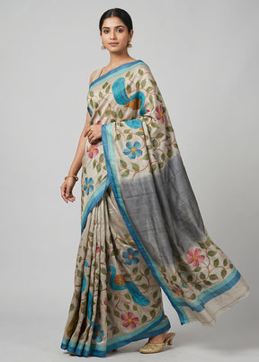 Multicolor Handloom Tussar Pure Silk Saree With Blouse Piece