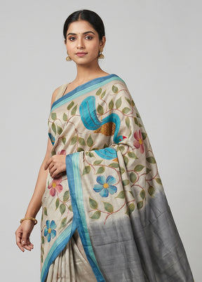Multicolor Handloom Tussar Pure Silk Saree With Blouse Piece