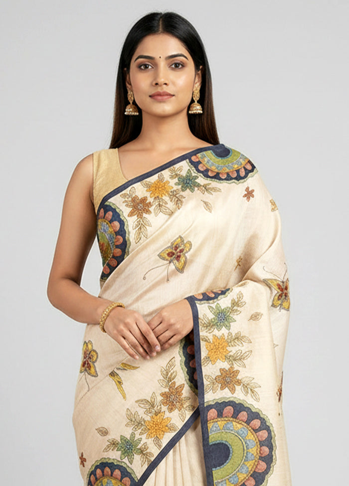 Multicolor Handloom Tussar Pure Silk Saree With Blouse Piece