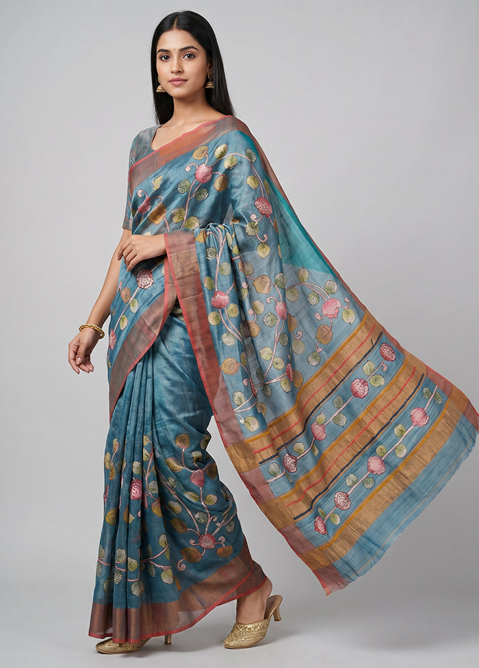 Multicolor Handloom Tussar Pure Silk Saree With Blouse Piece