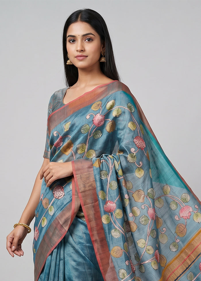 Multicolor Handloom Tussar Pure Silk Saree With Blouse Piece
