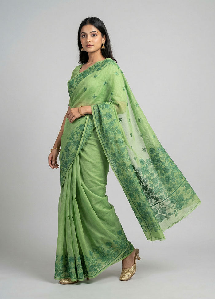 Green Dupion Silk Saree With Blouse Piece