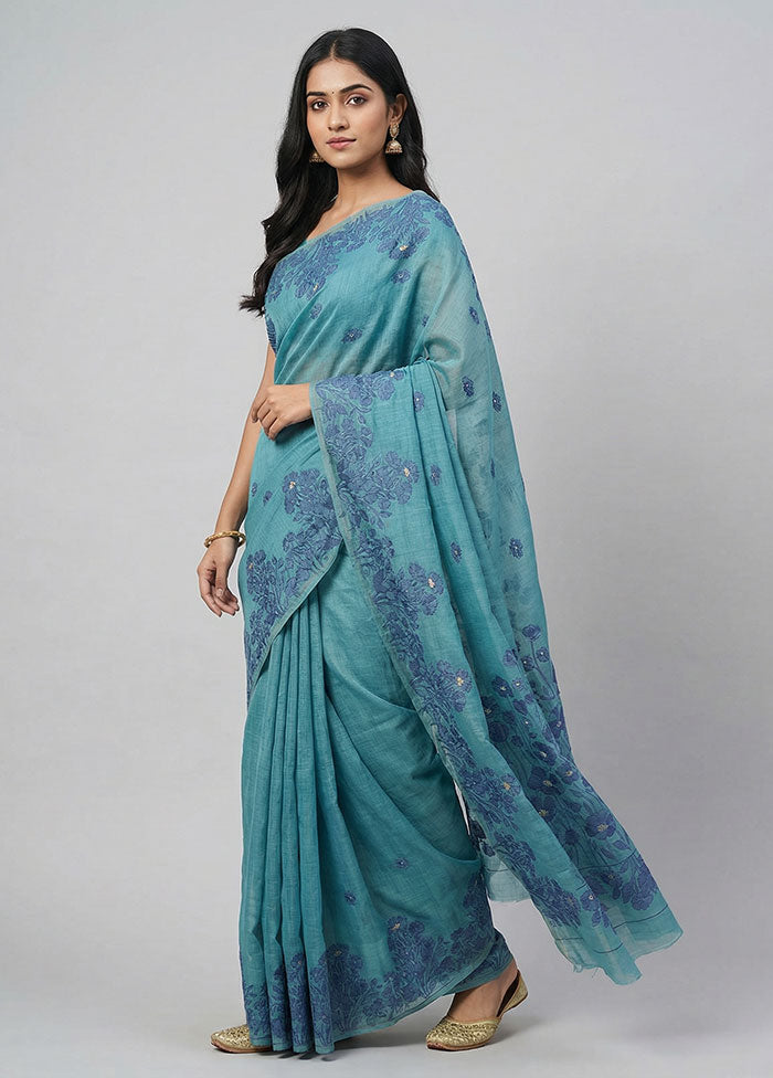 Blue Dupion Silk Saree With Blouse Piece