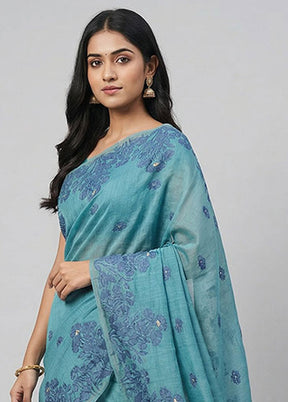 Blue Dupion Silk Saree With Blouse Piece
