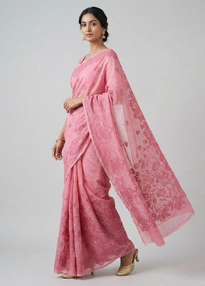Pink Dupion Silk Saree With Blouse Piece