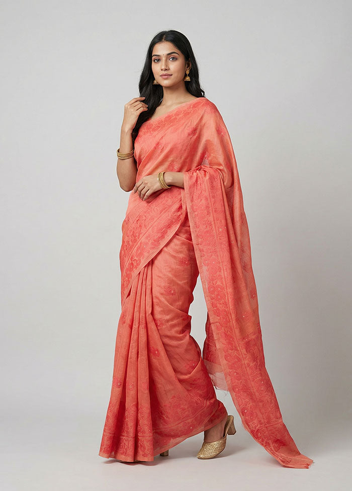 Orange Dupion Silk Saree With Blouse Piece