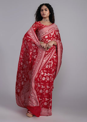 Red Handloom Pure Georgette Saree With Blouse Piece