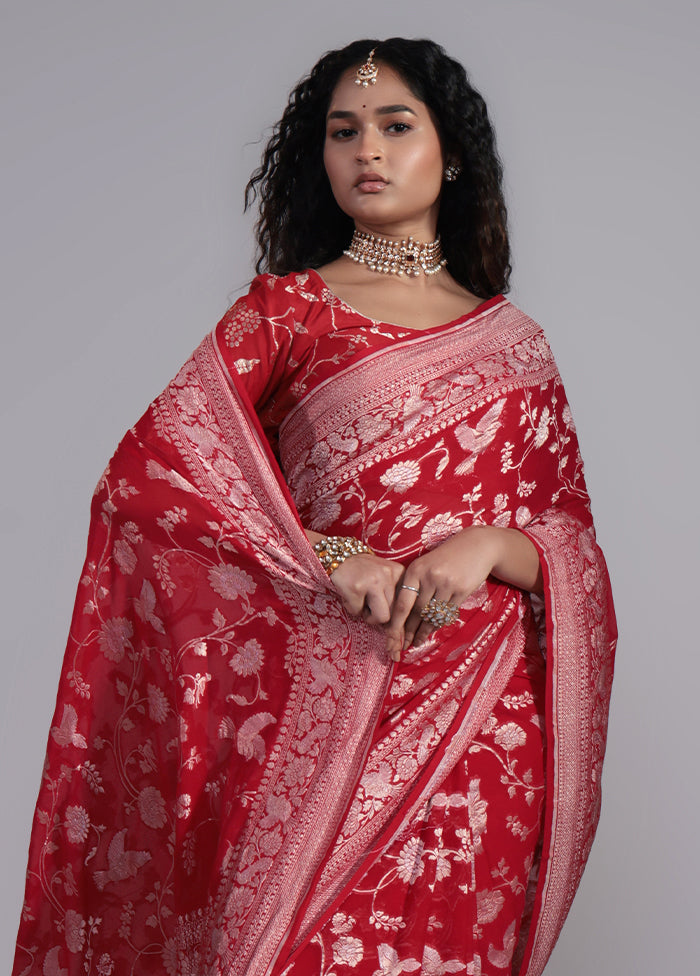 Red Handloom Pure Georgette Saree With Blouse Piece