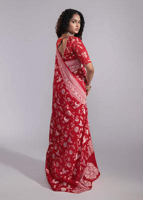 Red Handloom Pure Georgette Saree With Blouse Piece