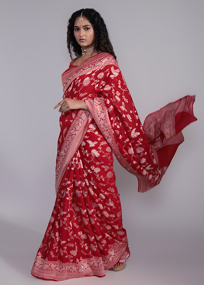 Red Handloom Pure Georgette Saree With Blouse Piece