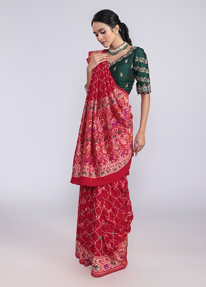 Red Handloom Pure Georgette Saree With Blouse Piece