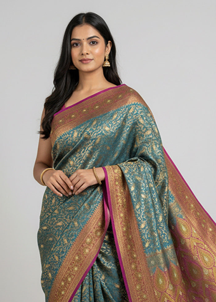 Blue Tanchoi Silk Saree With Blouse Piece