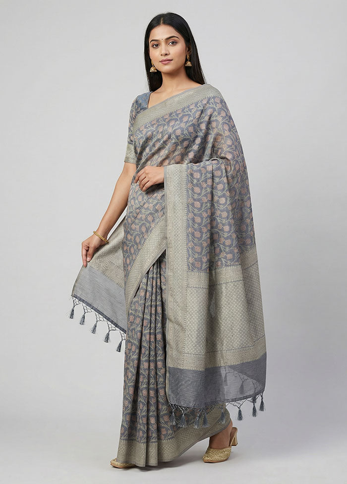 Grey Kora Silk Saree With Blouse Piece