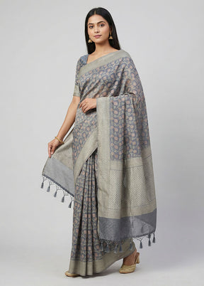Grey Kora Silk Saree With Blouse Piece