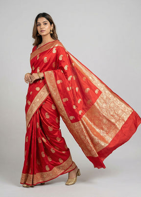 Red Handloom Katan Pure Silk Saree With Blouse Piece