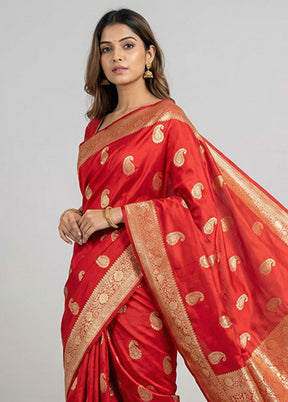 Red Handloom Katan Pure Silk Saree With Blouse Piece