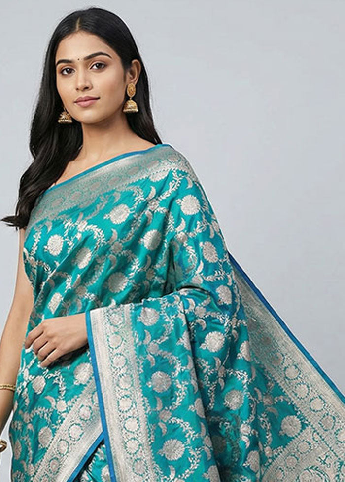 Blue Handloom Katan Pure Silk Saree With Blouse Piece