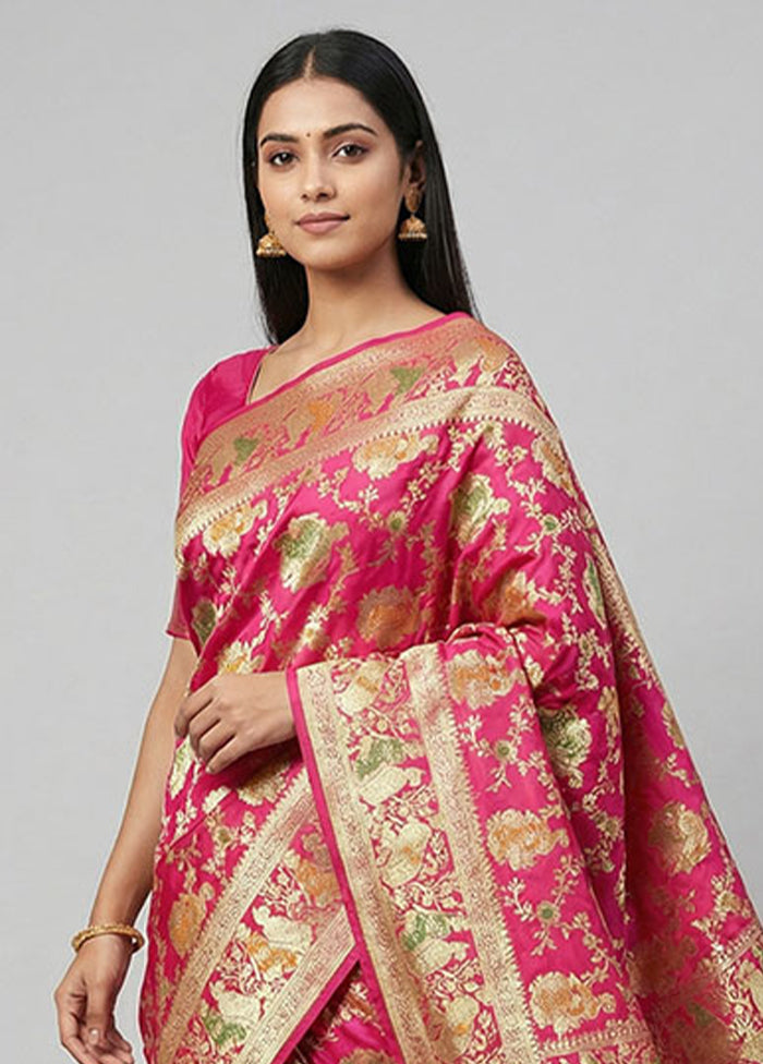 Pink Handloom Banarasi Pure Silk Saree With Blouse Piece
