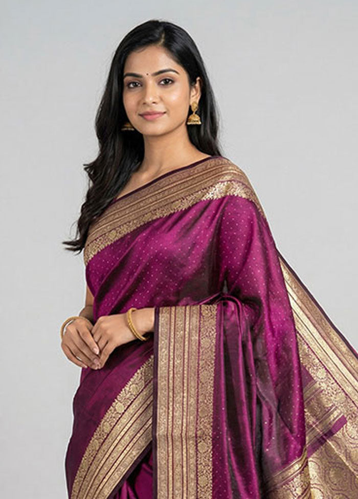 Purple Handloom Banarasi Pure Silk Saree With Blouse Piece