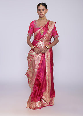 Pink Handloom Banarasi Pure Silk Saree With Blouse Piece