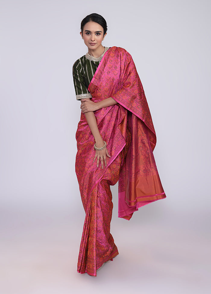 Pink Handloom Jamewar Pure Silk Saree With Blouse Piece