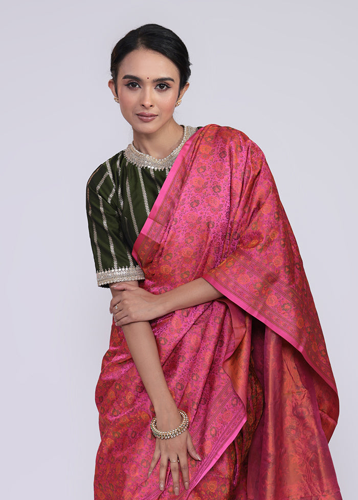 Pink Handloom Jamewar Pure Silk Saree With Blouse Piece